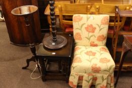 Nest of three oak tables, bobbin column standard lamp and shade, mahogany tripod plant stand,