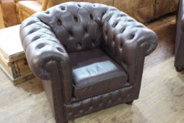 Brown deep buttoned leather Chesterfield chair, 85cm by 101cm by 82cm, (slight paint flecks).