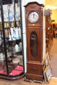 1920's Oak double weight longcase clock, 211cm high. Condition: Pendulum door warped.