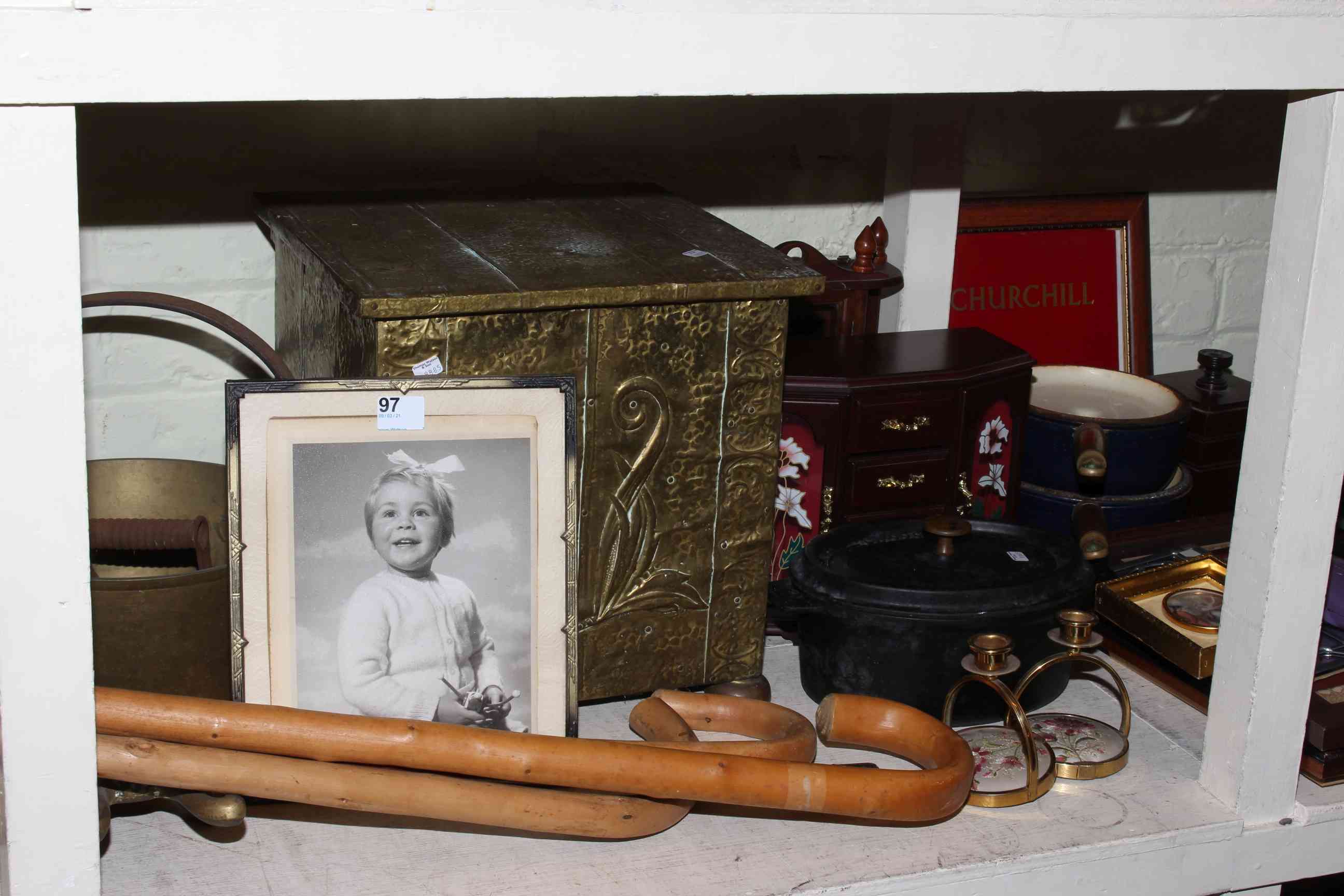 Full shelf of collectables including copper and brasswares, collar boxes, inlaid candle box, - Image 2 of 4