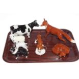 Seven Beswick animals: Two foxes, feeding beagle, sheep, lamb and collie and Ch. Claybury Leegwater.