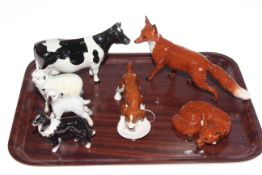 Seven Beswick animals: Two foxes, feeding beagle, sheep, lamb and collie and Ch. Claybury Leegwater.