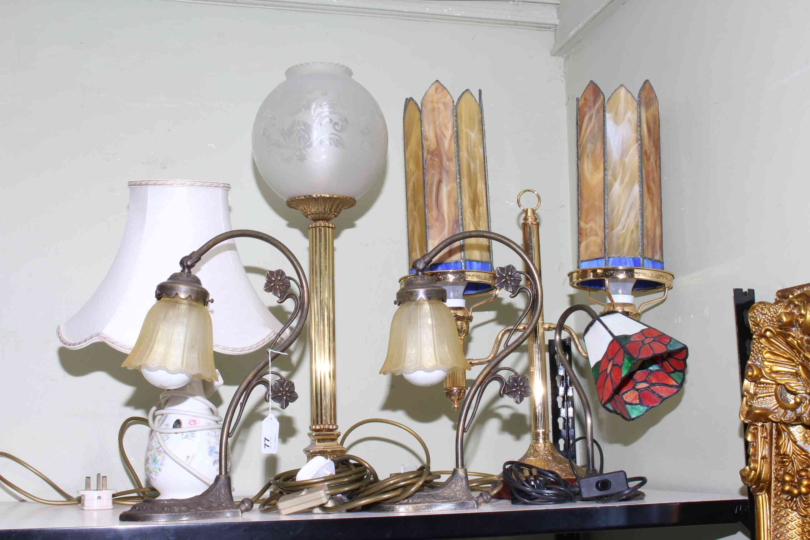 Pair of metal table lamps, two Tiffany style lamps,
