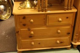Continental pine serpentine front chest of two short above three long drawers,