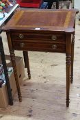 Inlaid mahogany two drawer side table on turned reeded legs, 77cm high, 54cm wide, 43cm deep.