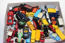 Collection of model vehicles including four John Deere tractors, Corgi BBC van,