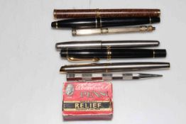 Parker fountain pen, four other pens and a pencil and box of nibs (7).