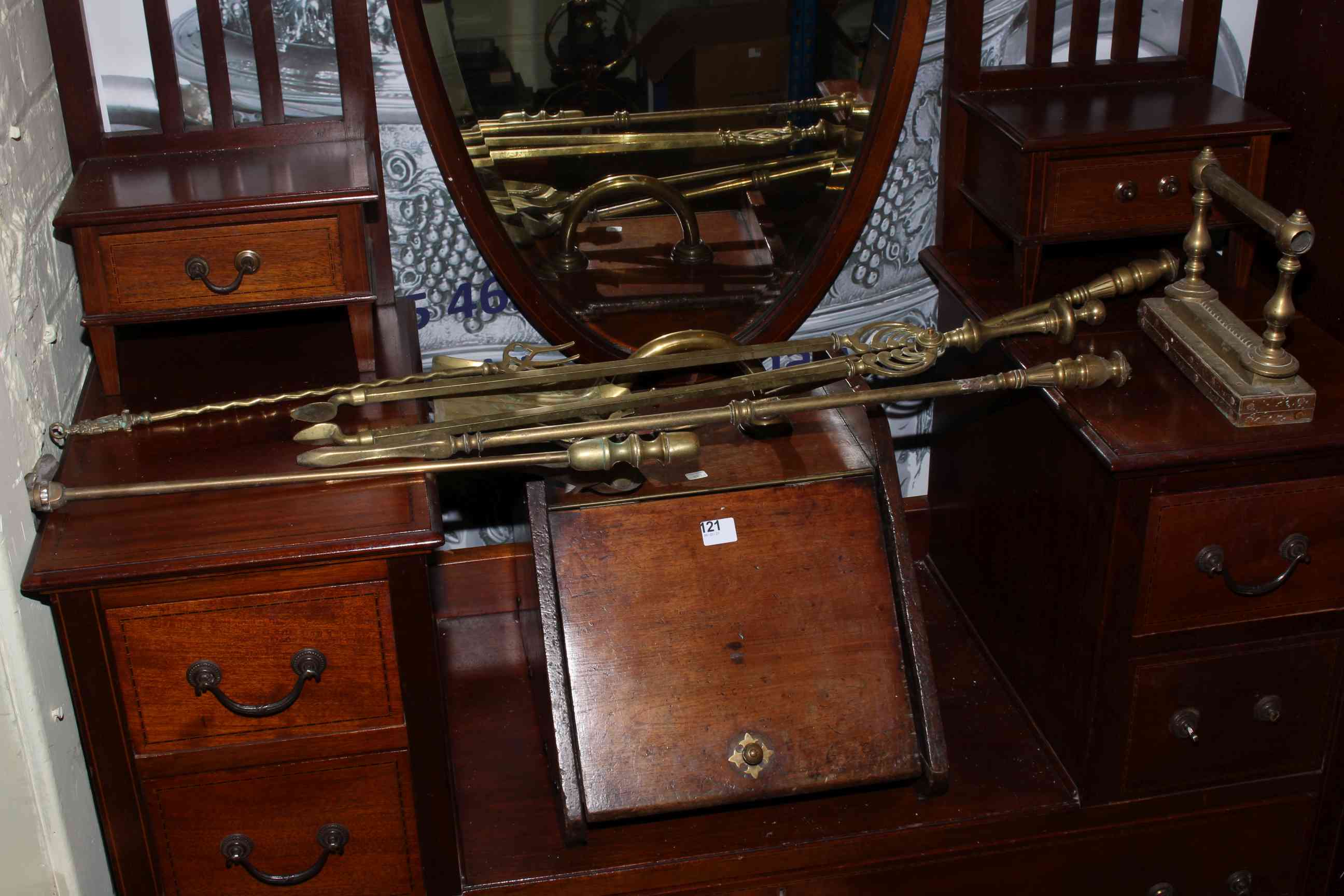 19th Century mahogany coal scuttle with brass handle, five fire irons and dog.