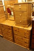 Pair pine four drawer chests, 82cm by 67cm by 46cm, pine three drawer pedestal chest,