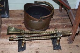 Set of three brass barley twist fir irons, pair stands (one damaged), and coal bucket.