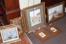 Derek Adams two framed watercolours, gilt framed painting on glass, pair fretwork photographs,