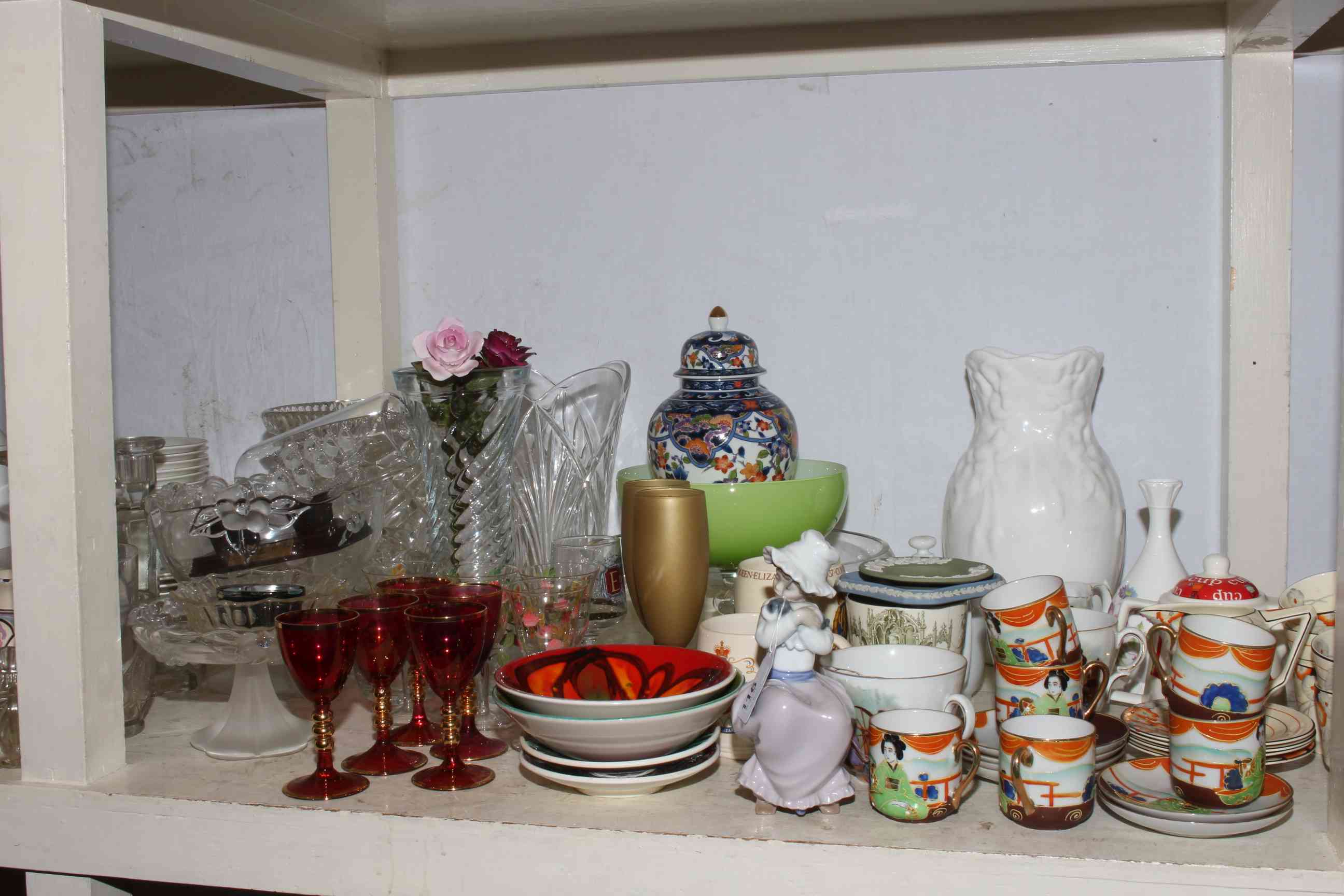 Full shelf of glass and china including Elizabethan white tableware, Lilliput Lane cottage, - Image 2 of 3