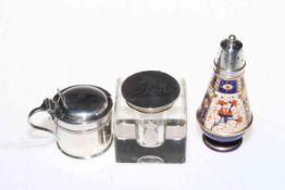 Edwardian silver topped glass inkwell, Birmingham 1905, silver topped pepperette,
