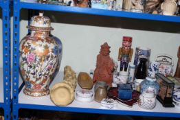 Panda lidded vase, blue and white lidded vase, Mason's Golden Magnolia kettle and applique vase,