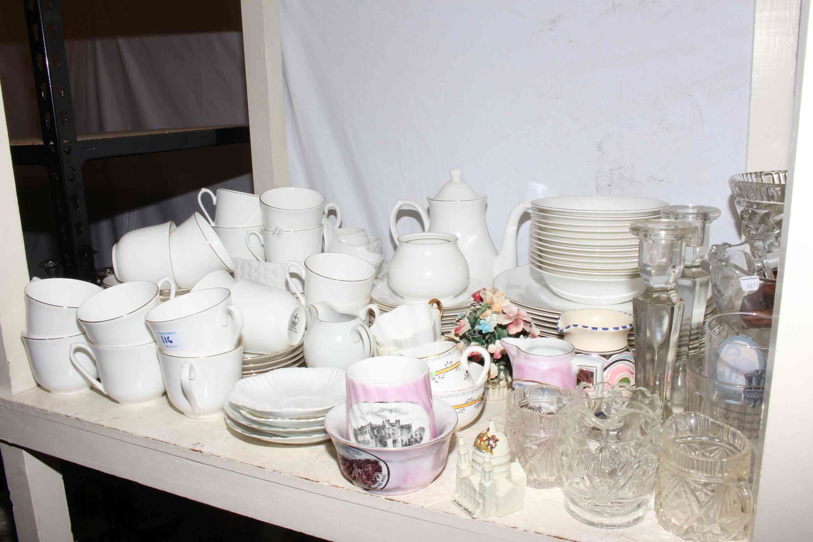 Full shelf of glass and china including Elizabethan white tableware, Lilliput Lane cottage, - Image 3 of 3