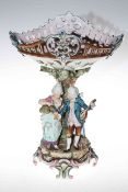 Ornate porcelain table centre piece with musician and maiden,