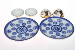 Two Chinese blue and white plates, 22cm diameter, and four gilt Phoenix tea bowls.