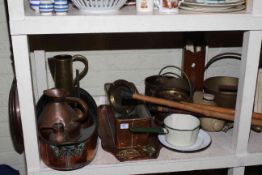 Full shelf of collectables including copper and brasswares, collar boxes, inlaid candle box,