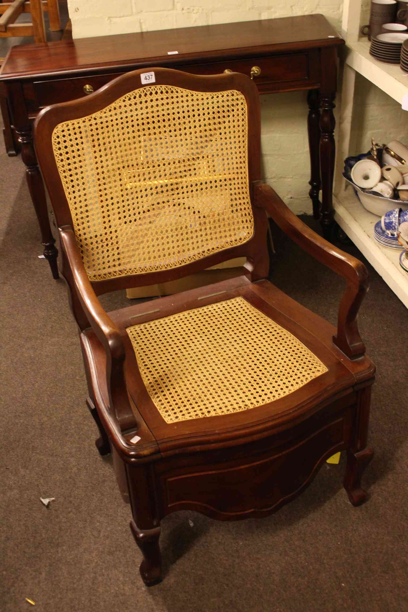 Mahogany framed bergere panel back and seated commode armchair. - Image 2 of 2