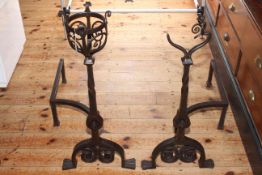 Large pair of wrought iron andirons, 81cm high.