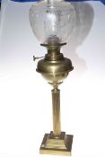Brass column oil lamp, having brass reservoir and etched glass shade.