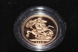 1999 gold proof sovereign, with certificate and numbered 8708.