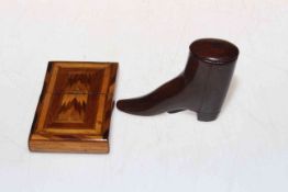 19th Century treen boot snuff box 8.5cm length, and, parquetry card case (2).