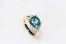 14k yellow gold blue zircon and diamond ring,