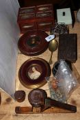 Over twelve items of collectables including miniatures, travel inkwell and treen measure.