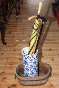 Oriental blue and white stick stand, brolly and two sticks together with a coopered oval planter.