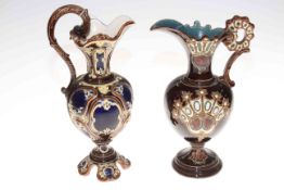 Good tray lot with pair Continental Delft pottery candlesticks, two ornate ewers,