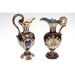 Good tray lot with pair Continental Delft pottery candlesticks, two ornate ewers,