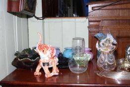 Three Carnival glass bowls, glass chandelier,