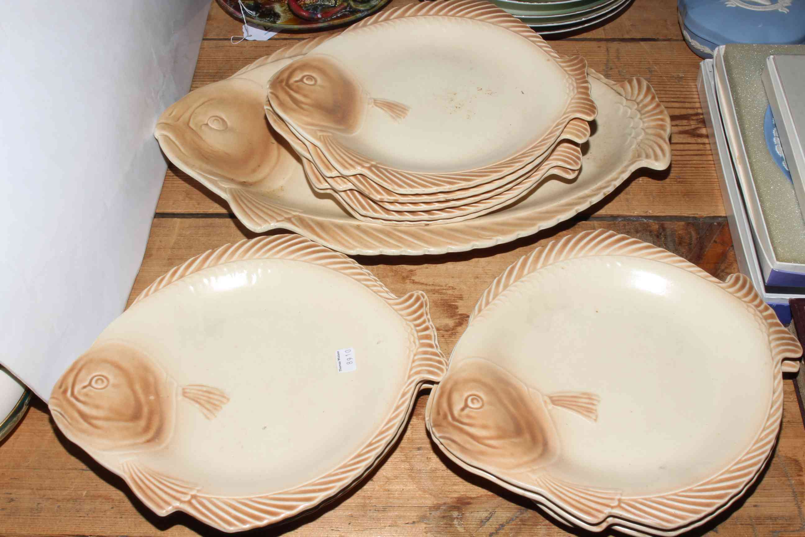 Burleigh Ware twelve piece fish service, Pallisey style lobster dish and four Rosenthal fish plates.
