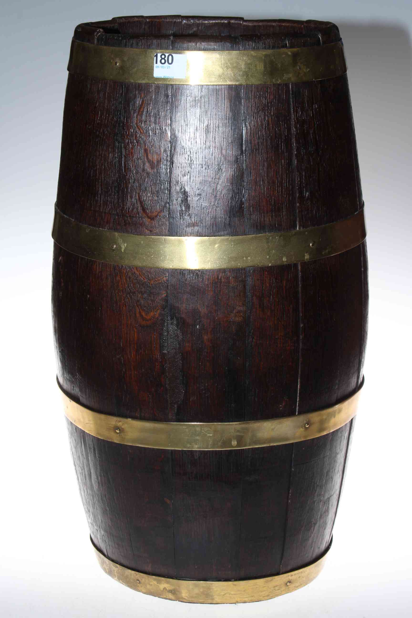 Oak and brass bound coopered barrel stick stand, 60cm.