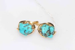 Pair 18 carat yellow gold mounted turquoise earrings.