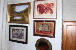 Large collection of pictures and mirrors including rosewood framed needlework,