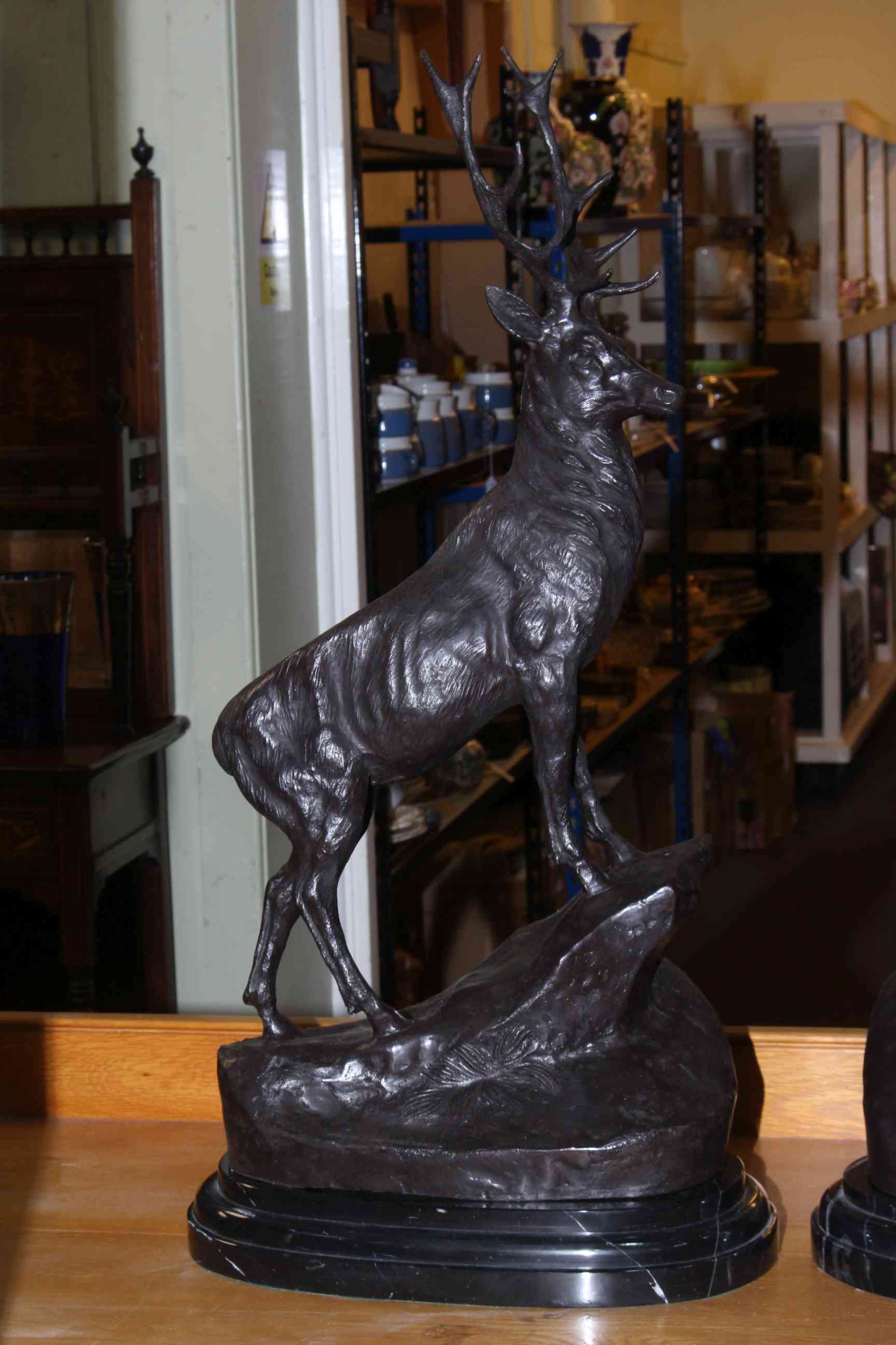 Pair of large impressive bronze stags on rocky outcrops with marble bases, 74cm high. - Image 3 of 3