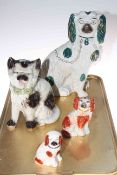 Large Victorian open leg Staffordshire dog, a pair of dogs, cat, and two small pieces (6).
