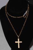 9 carat gold cross pendant with chain, cross 4.5cm by 2.8cm.