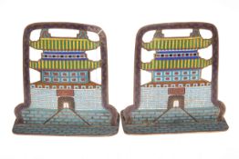 Pair cloisonne bookends, 16cm high. CONDITION - Damage and repair to both.