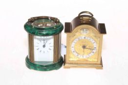 Small oval part malachite enamelled/painted gilt brass carriage clock 11cm to top of handle,