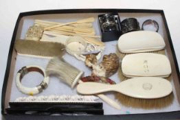 Box with vintage ivory brushes, EP napkin rings and others.