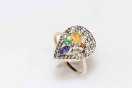 9 carat yellow gold Harlequin ring set with tanzanite, opal, emerald, sapphire and zircon, size S,