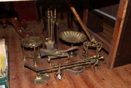 Brassware including ornate easel photograph frame, inkstand, trivets, fire irons, etc.