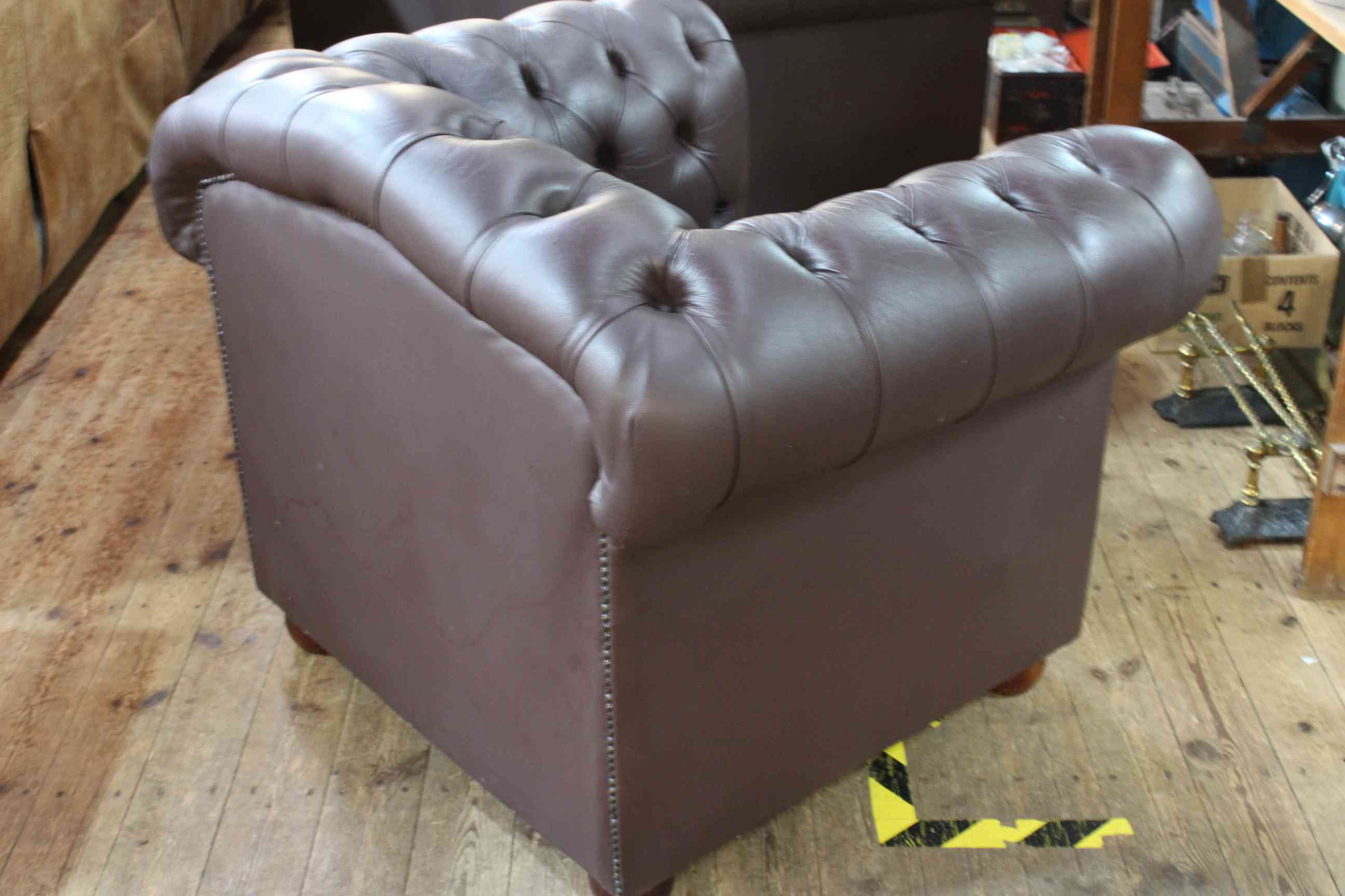Brown deep buttoned leather Chesterfield chair, 85cm by 101cm by 82cm, (slight paint flecks). - Image 2 of 2