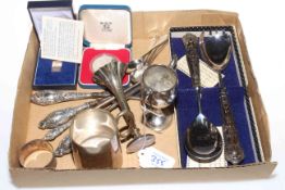 Collection of mostly silver items comprising christening mug, spill vase, trophy cup, napkin ring,