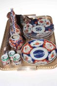 Three 19th Century Imari plates, two vases, three tiny vases and carved wood piece (9).