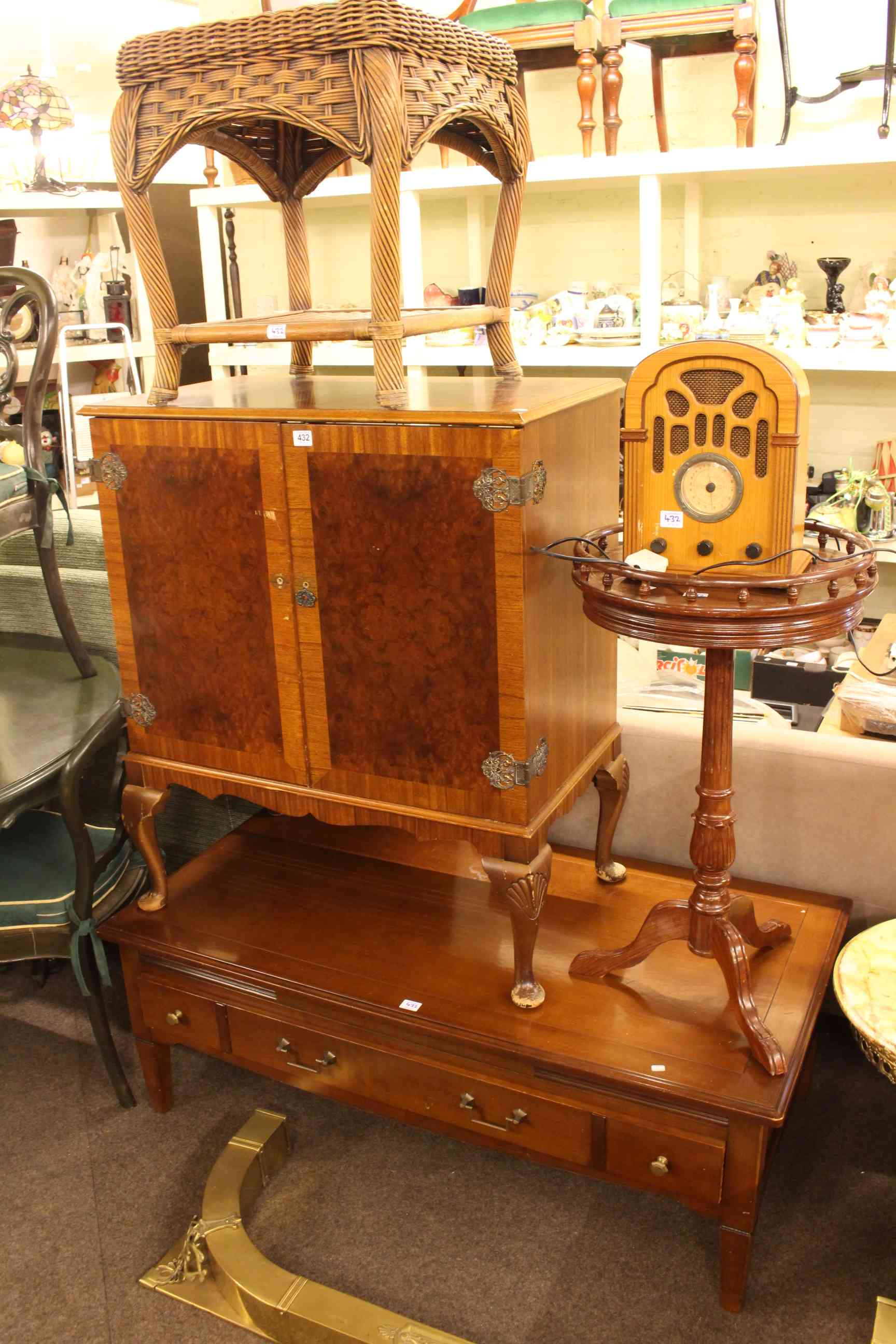 Fountainbleau low centre table, burr walnut television cabinet, rattan side table,