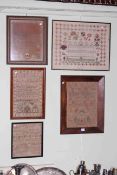 Collection of five framed and glazed 19th Century samplers including one rosewood framed and one